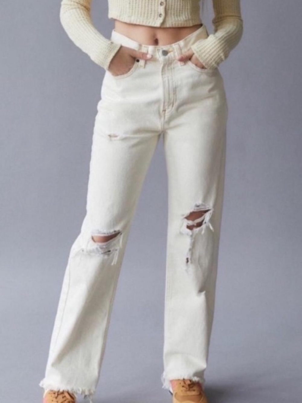 BDG Women Size 29 Ivory High Waisted Straight Leg Denim Distressed Cowboy
Jeans
